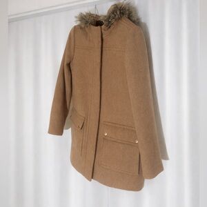 J Crew. VAIL PARKA Size 4. Tan hooded Coat with Faux Fur hood.